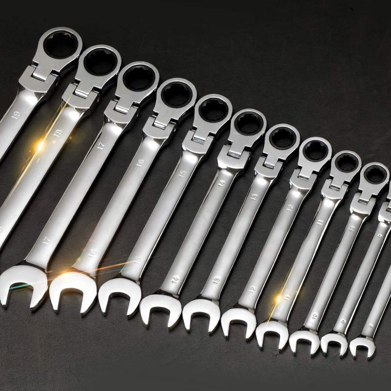 FLZOSPER 12pc. Tightspot Flex-Head Ratcheting Wrench Setï¼Œ8-19mm Metric CR-V Quick Access Spanner with Portable Toolbox (12PC. Flex Head Wrench) - Image 2